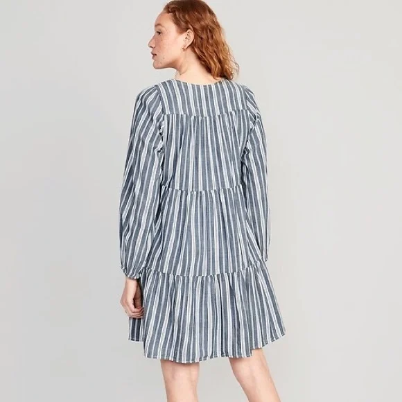 NWT Striped Tiered Lace-Up Mini Swing Dress, Blue Stripe Long Sleeve,‎ Large - Picture 3 of 17